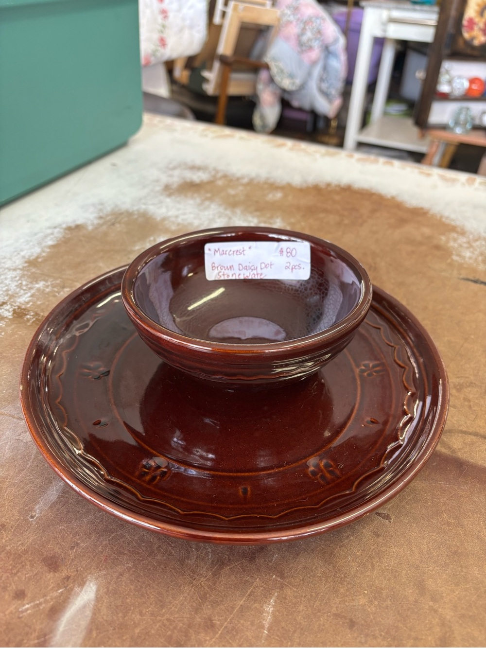 Marcrest Brown Daisy Dot Stoneware Dinner Plate & Bowl
